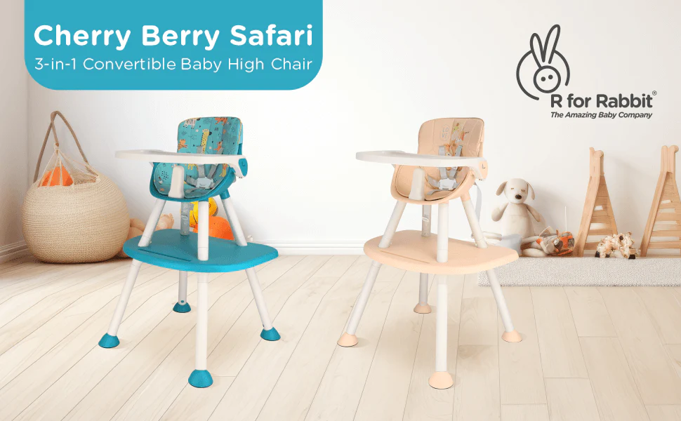 Cherry Berry Safari Baby High Chair, 3 in 1 Convertible High Chair Cum Kids Study Table - Lake Blue