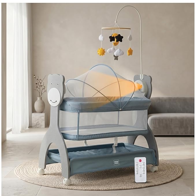Mee Mee Sweet Love Automatic Electric Baby Cradle with Bassinet | Bluetooth Music, Remote Control, 3-Speed Swing, Night Lamp & Cot Mobile | 0–12 Months