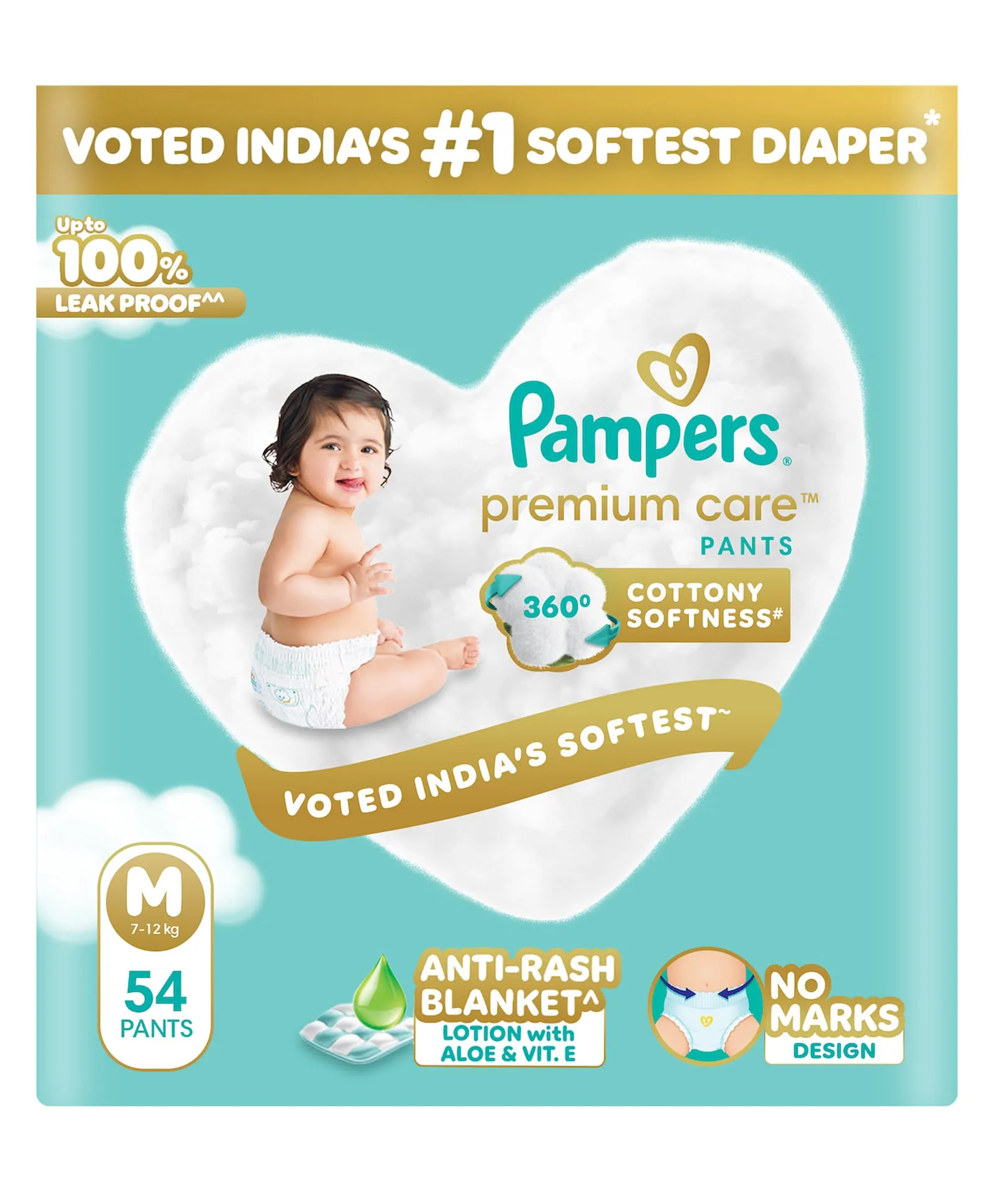 Pampers Premium Care Pants M Size (54 Count) | No Marks Design | India's Softest Diaper Pants